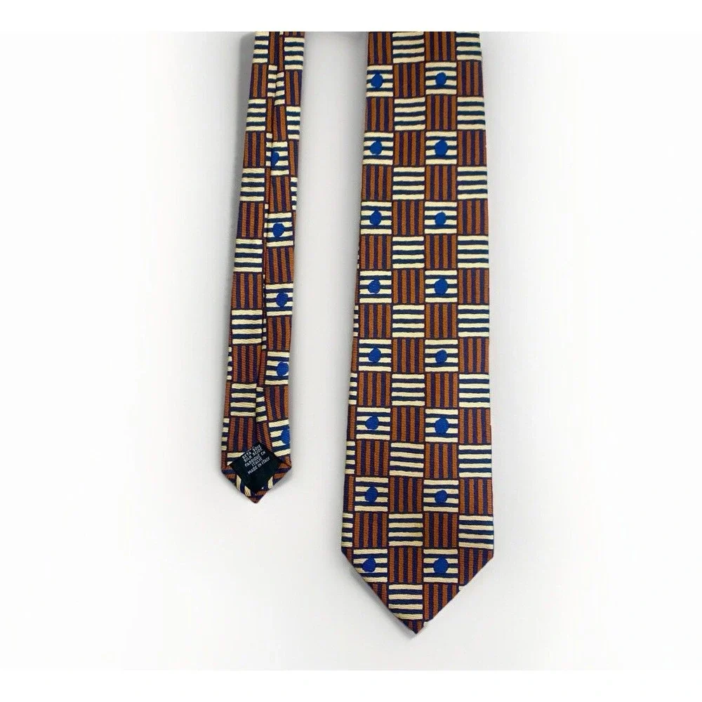 Hugo Boss Mens Tie Silk Brown Blue Geometric Striped Italy Designer Necktie